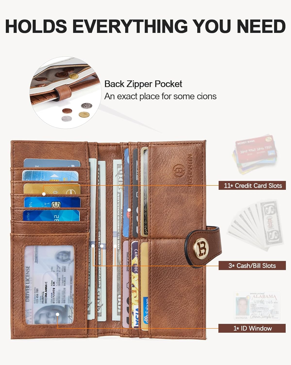 HOTBOSTANTEN Slim Wallet Women RFID Card Holder with Zipper Coin Pocket | Thin, Lightweight, 11 Card Slots, Long Bifold, Clutch Wallet, Fits Small Purses, Quilted Vegan Leather, Gifts, Beige＆Brown
