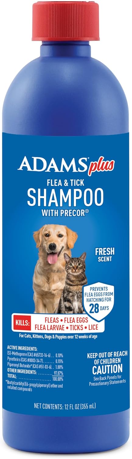 HOTADAMS Plus Flea & Tick Shampoo with Precor for Dogs, Cats, Puppies & Kittens, Flea Shampoo to Treat Infestations, Kills Ticks, Fleas, Flea Eggs & Lice, Cleans and Conditions Coat, 12 Ounces