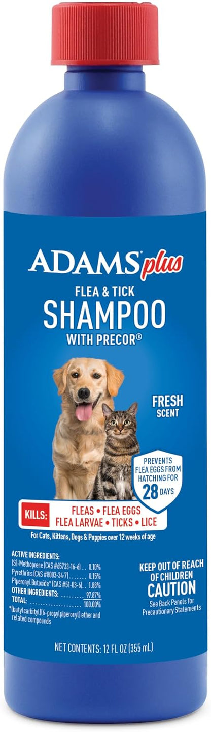 HOTADAMS Plus Flea & Tick Shampoo with Precor for Dogs, Cats, Puppies & Kittens, Flea Shampoo to Treat Infestations, Kills Ticks, Fleas, Flea Eggs & Lice, Cleans and Conditions Coat, 12 Ounces