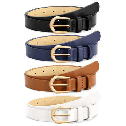 HOTVONMELLI 4 Pack Womens Thin Leather Belt Skinny Waist Belts for Women Fashion Jeans Dress with Gold Buckle