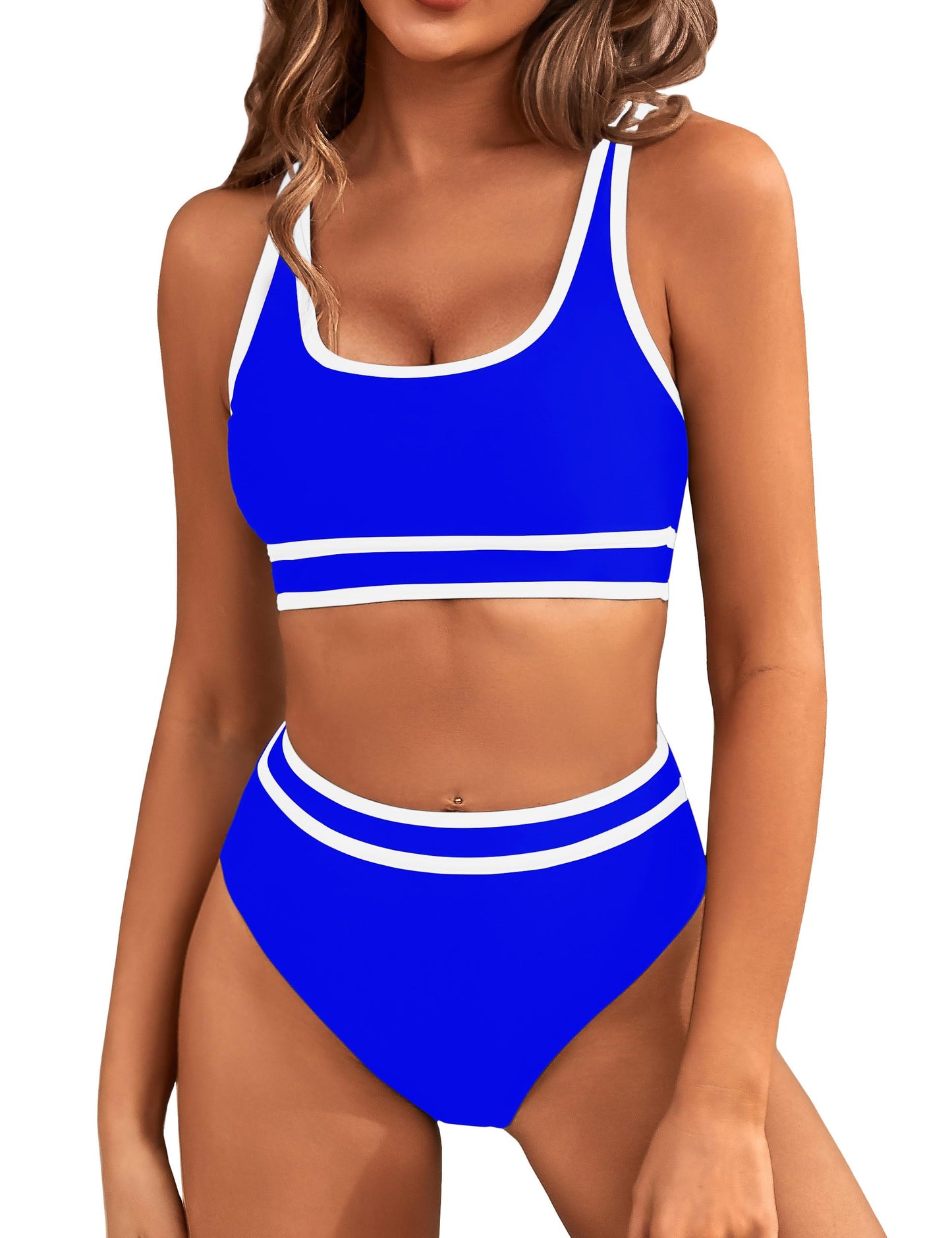 HOTBMJL Women's High Waisted Bikini Sets Sporty Two Piece Swimsuits Color Block Tummy Control Modest Bathing Suit