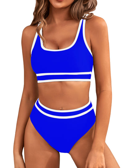 HOTBMJL Women's High Waisted Bikini Sets Sporty Two Piece Swimsuits Color Block Tummy Control Modest Bathing Suit