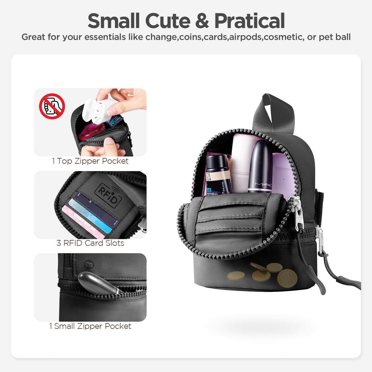 HOTMini Backpack Keychain Wristlet Pouch Small Change Coin Purse Cute Zipper Wallet With 3 RFID Card Slots+Zip Around Dual Pouch Wristlet