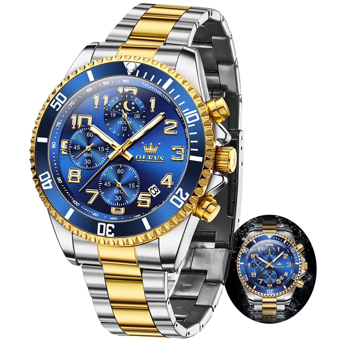 HOTOLEVS Mens Watches Chronograph Watch Luxury Dress Stainless Steel Waterproof Watches for Men Moon Phase Luminous Business Calendar Wrist Watch Blue/Black/Green/Gold/Face