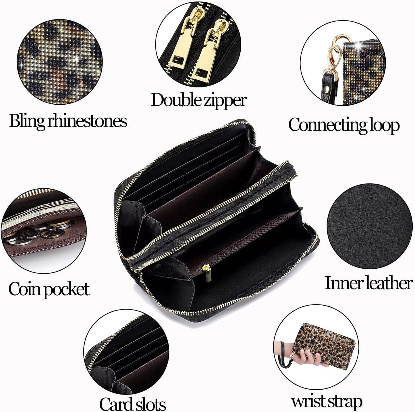 HOTWomen's Rhinestone Large Capacity Double Zipper Wristlet Clutch Purse Party Wallet Card Phone Holder