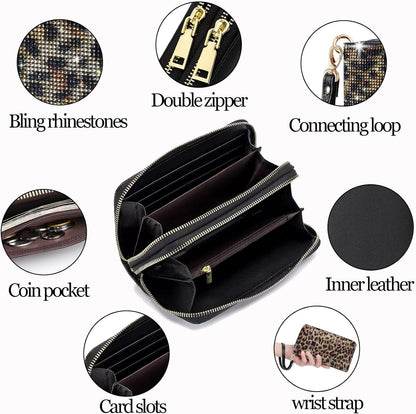 HOTWomen's Rhinestone Large Capacity Double Zipper Wristlet Clutch Purse Party Wallet Card Phone Holder