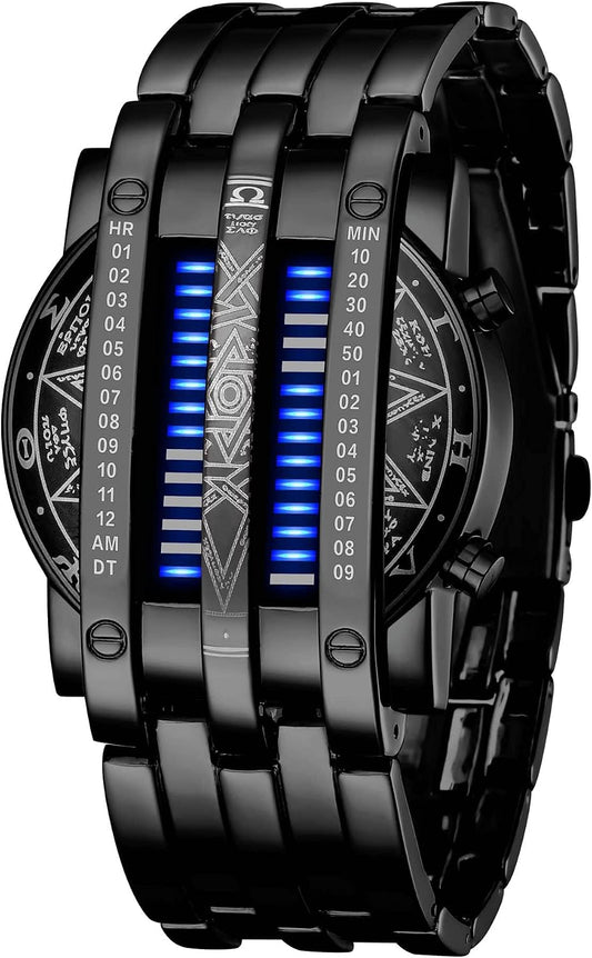 HOTFANMIS Creative Mens Binary Matrix Blue LED Digital Watch Fashion Classic Black Plated Waterproof LED Backlight Bracelet Watches