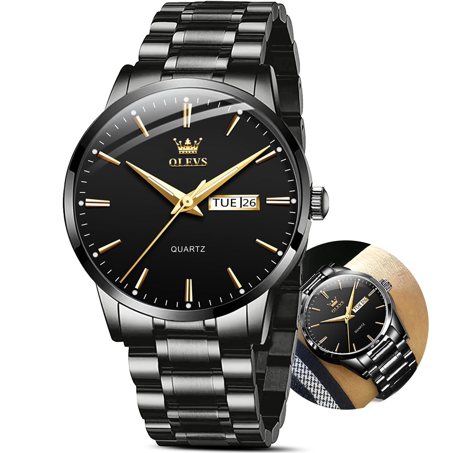 HOTOLEVS Classic Men Watches with Date,Stainless Steel Man Watch with Date, Bussiness Watches for Men,Luminous Quartz Mens Watches Black/White/Blue/Gold, Waterproof Male Watch with Week
