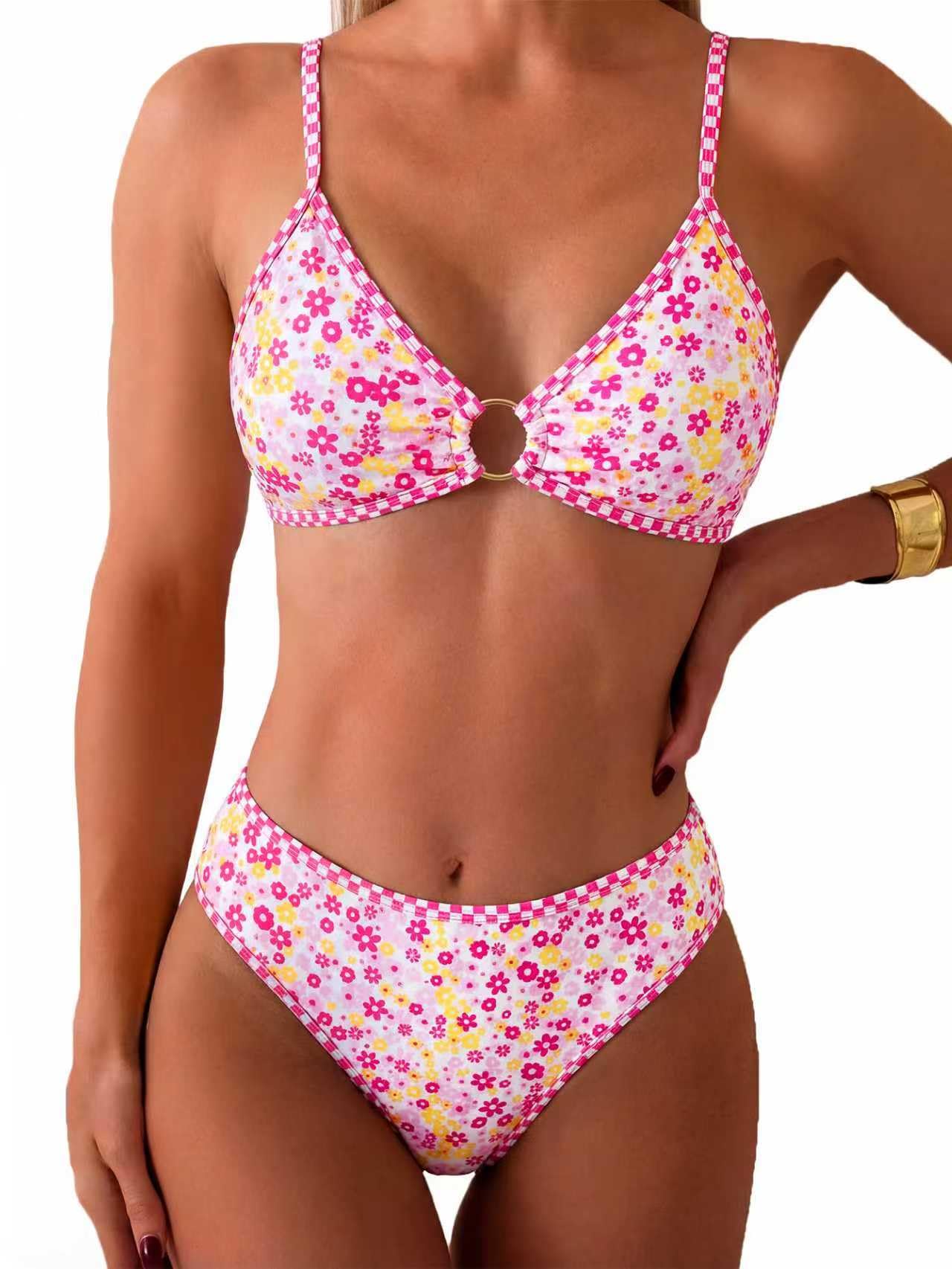HOTTainehs Women's Two Piece Bikini Sets O Ring Front Top Ditsy Floral Triangle Swimsuits Cheeky Bathing Suit