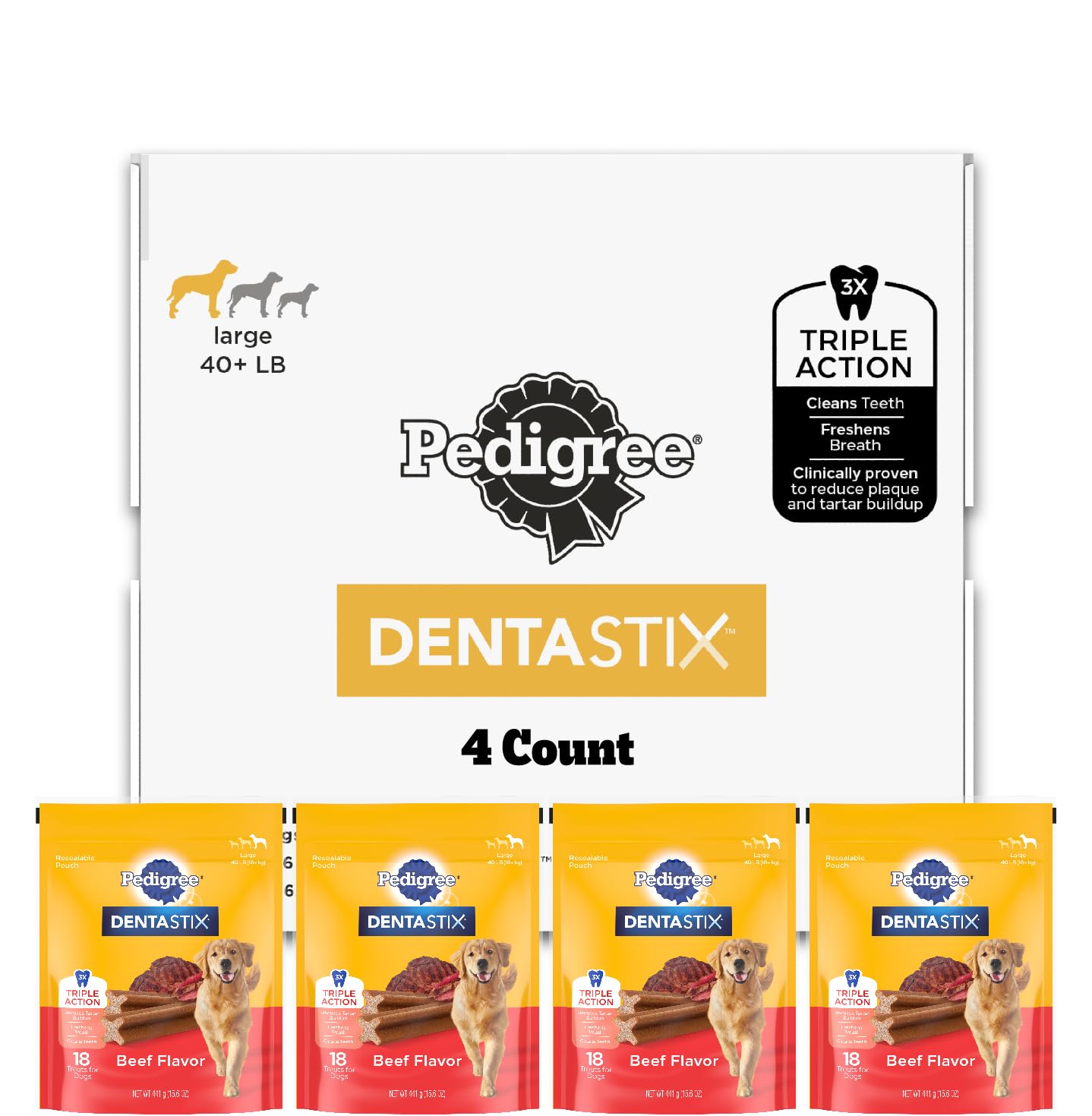 HOTPedigree Dentastix Large Breed Dog Dental Treats, Fresh, 36 Count | Triple action dental care, reduces tartar, cleans teeth, freshens breath, for dogs 40+ lbs, no added sugar/fillers