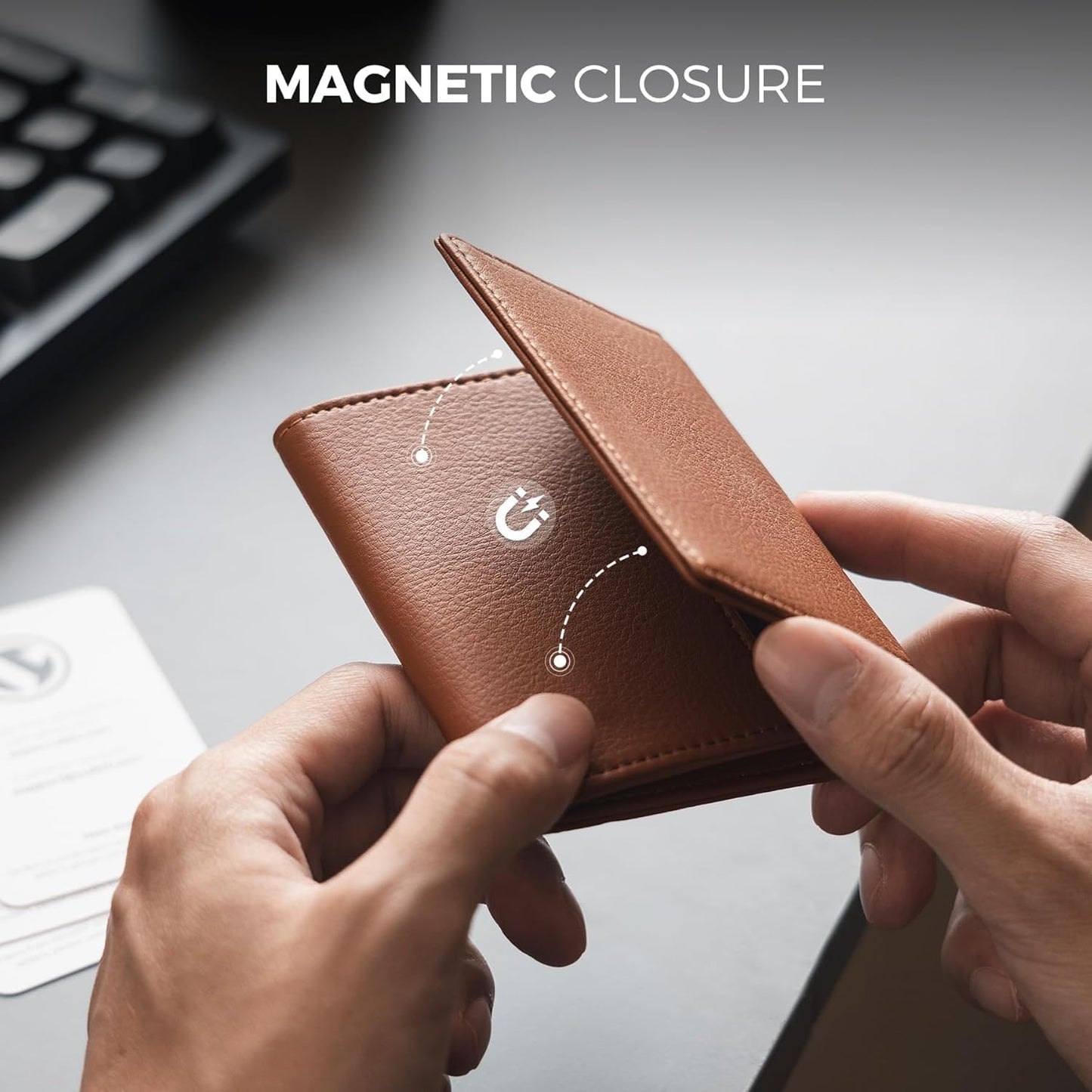 HOTReal Leather Business Card Holder Premium RFID Blocking Card Case with ID Window and Magnetic Closure Holds Up to 40 Business Cards (Grain Brown)