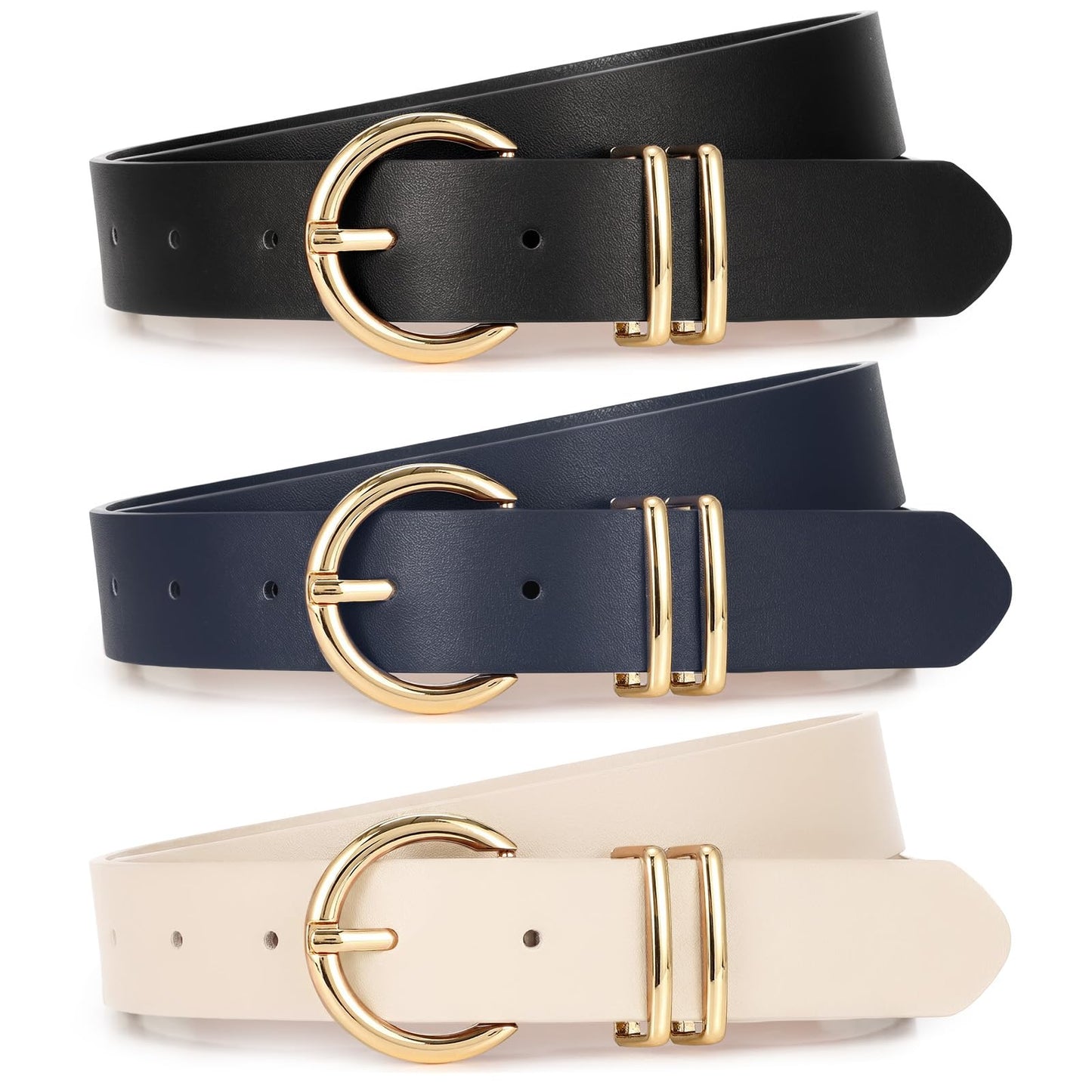 HOTXZQTIVE 3 Pack Women Belts For Jeans Dresses Pants Ladies Leather Waist Belt with Gold Buckle