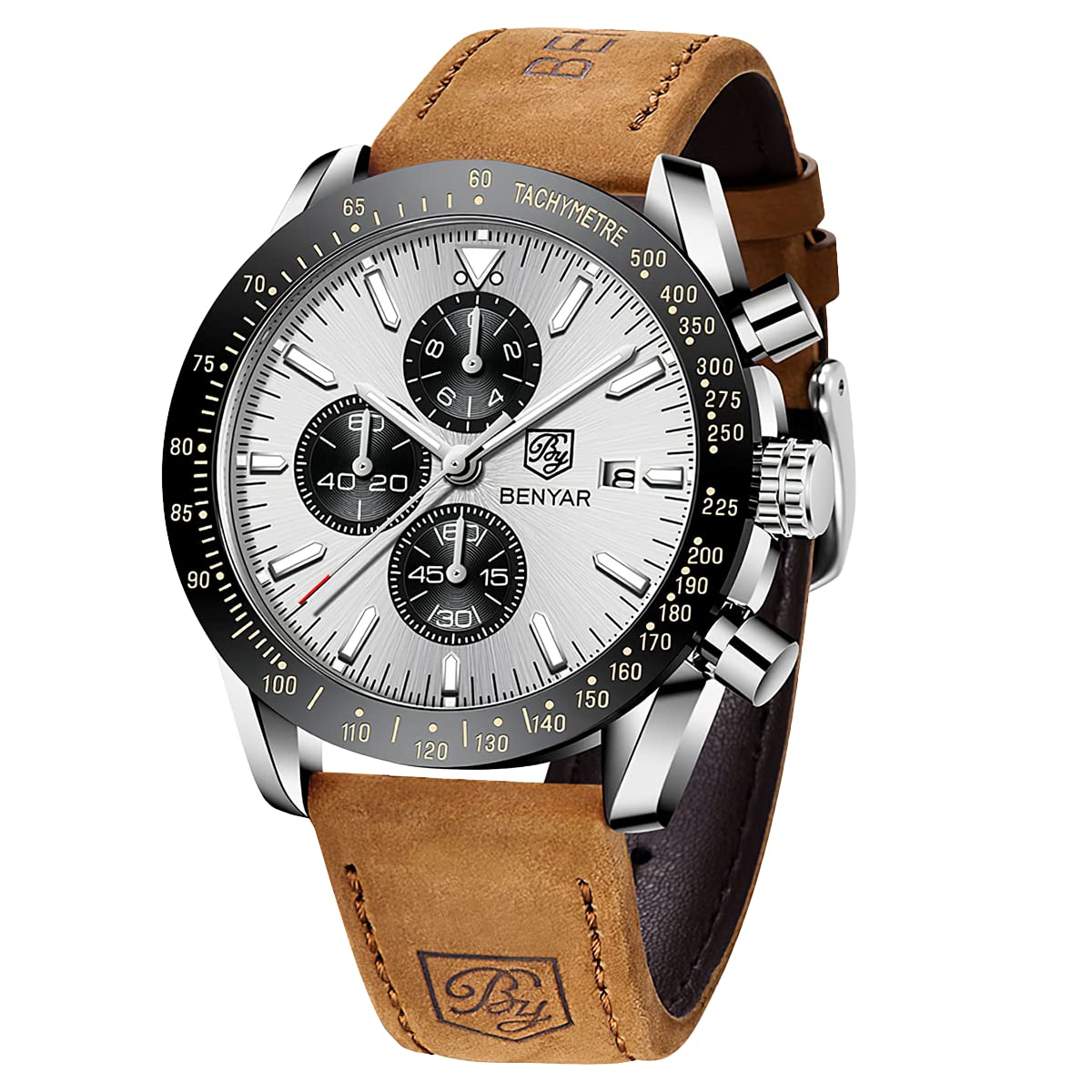 HOTBENYAR Watch for Men Analog Quartz Chronograph Waterproof Luminous Designer Mens Wrist Watches Business Work Sport Casual Dress Watch with Silicone Strap Elegant Gifts for Men