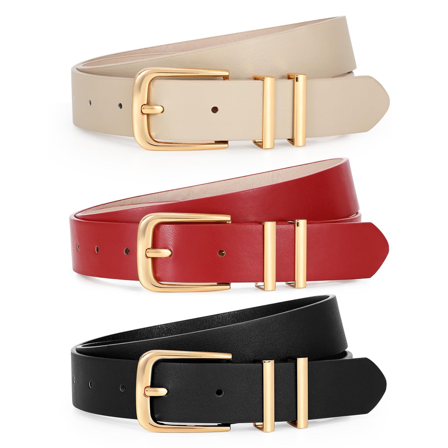 HOTLEACOOLKEY 3 Pack Women's Leather Belts for Jeans Dress Pants Fashion Ladies Leather Belts with Gold Buckle