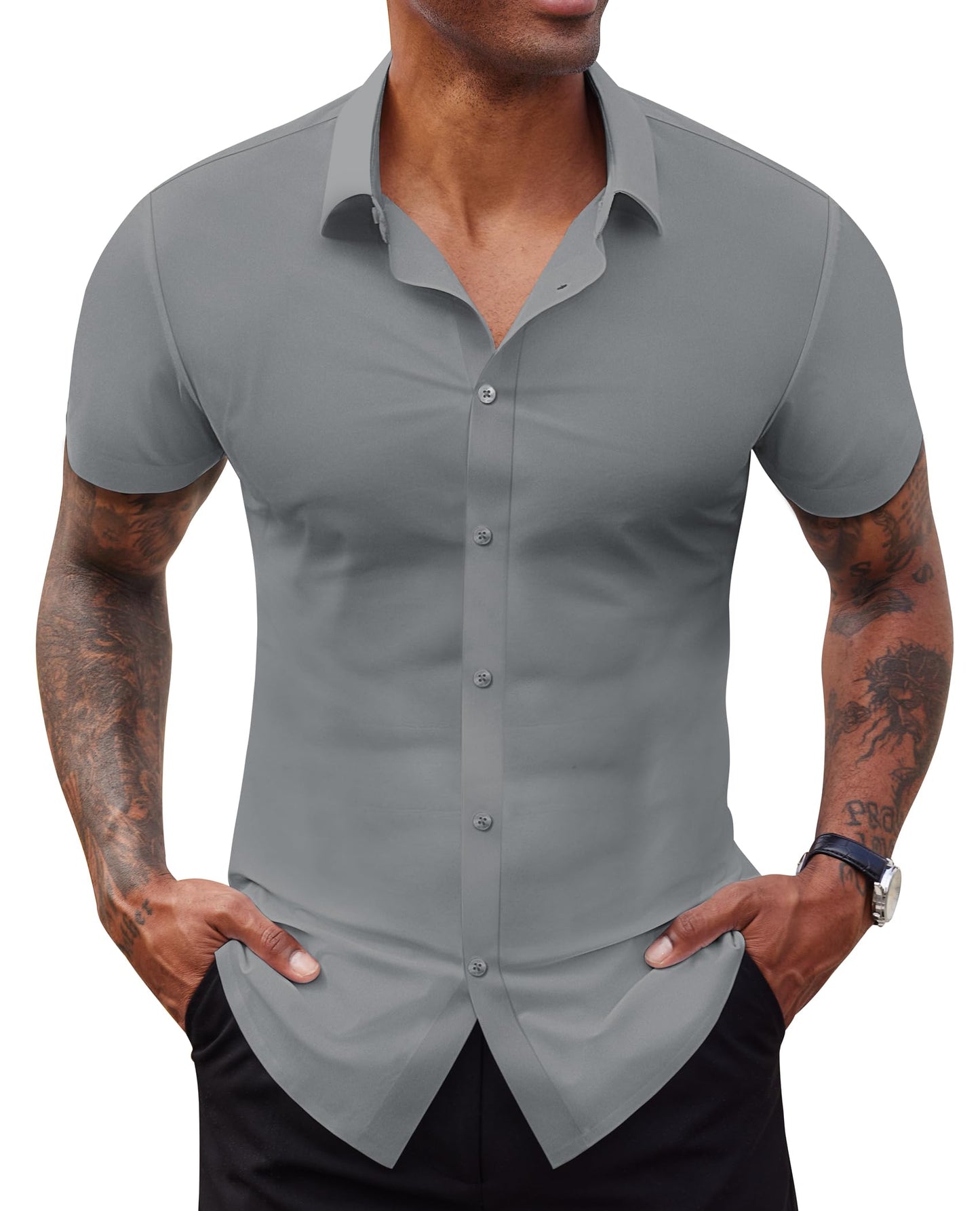 HOTLion Nardo Stretch Dress Shirts for Men Short Sleeve Slim Fit Casual Button Down Shirts Muscle Fit Men's Dress Shirts