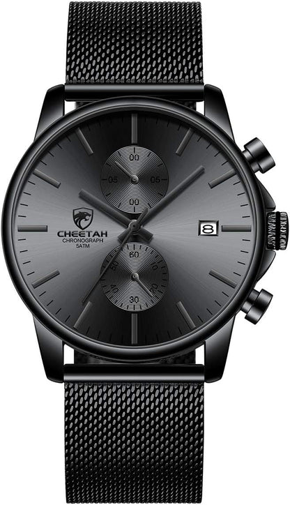 HOTGOLDEN HOUR Mens Watch Fashion Sleek Minimalist Quartz Analog Mesh Stainless Steel Waterproof Chronograph Watches for Men with Auto Date
