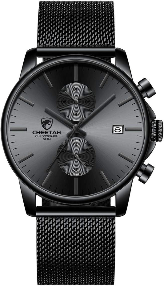 HOTGOLDEN HOUR Mens Watch Fashion Sleek Minimalist Quartz Analog Mesh Stainless Steel Waterproof Chronograph Watches for Men with Auto Date
