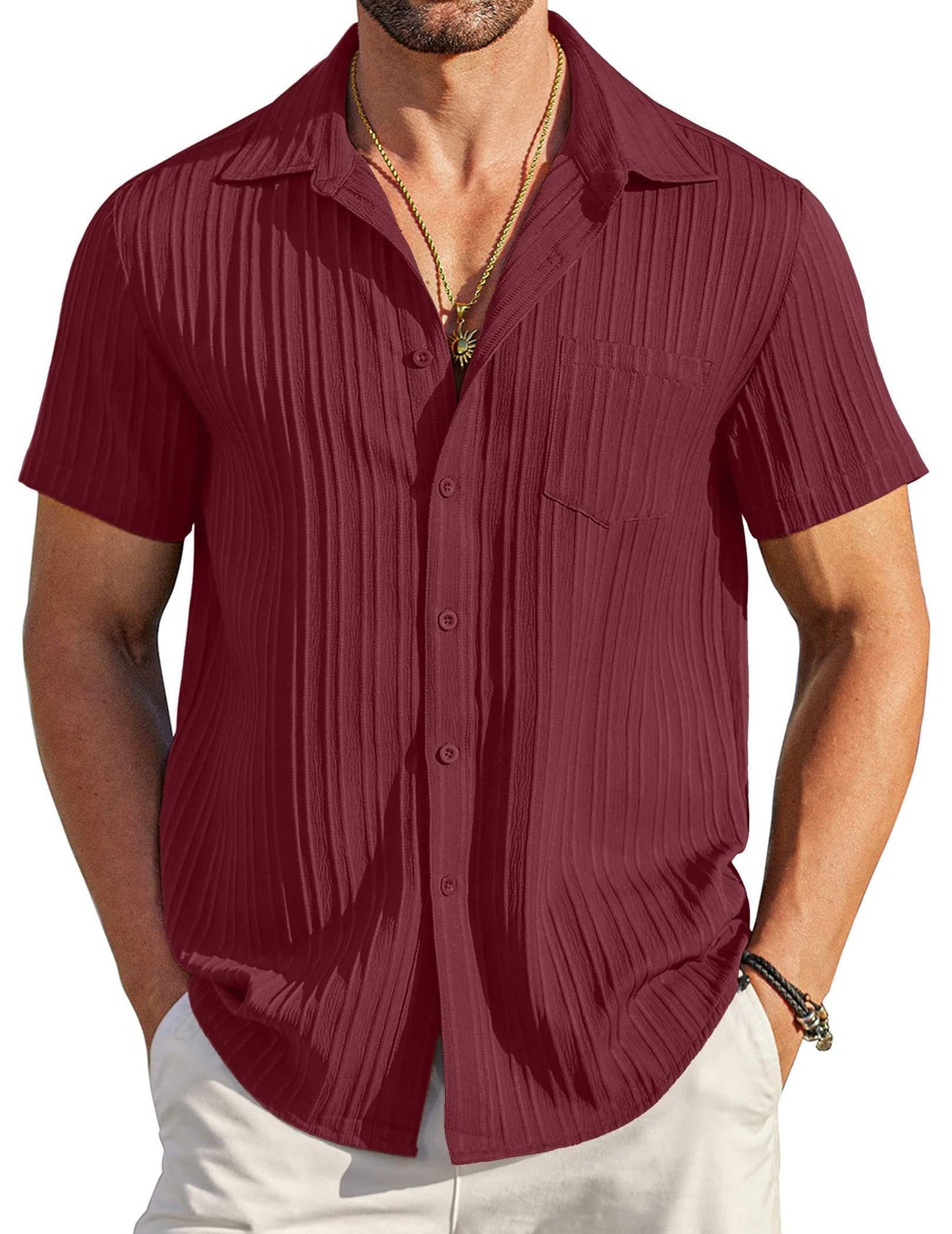 HOTCOOFANDY Men's Casual Button Down Shirts Short Sleeve Textured Summer Beach Shirt with Pocket