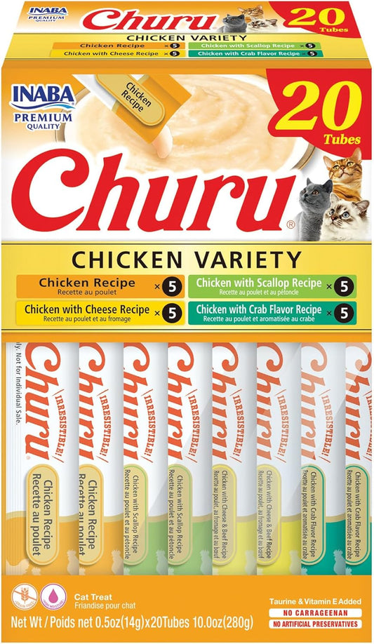 HOTINABA Churu Cat Treats, Lickable, Squeezable Creamy Purée Cat Treat with Green Tea Extract & Taurine, 0.5 Ounces Each Tube, 20 Tubes, Chicken Variety Box