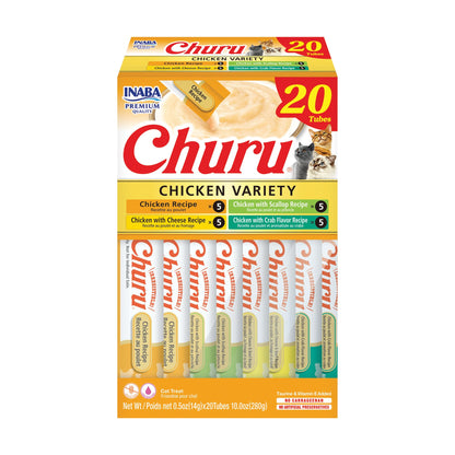 HOTINABA Churu Cat Treats, Lickable, Squeezable Creamy Purée Cat Treat with Green Tea Extract & Taurine, 0.5 Ounces Each Tube, 60 Tubes, Chicken Variety Box