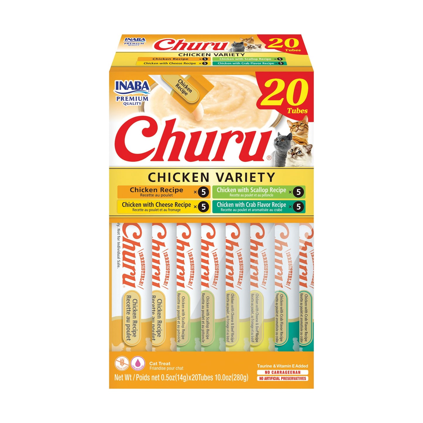 HOTINABA Churu Cat Treats, Lickable, Squeezable Creamy Purée Cat Treat with Green Tea Extract & Taurine, 0.5 Ounces Each Tube, 40 Tubes, Tuna & Seafood Variety Box
