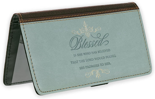 HOTCheckbook Cover for Women “Blessed Is She” Christian Blue Wallet, Faux Leather Christian Checkbook Cover for Duplicate Checks & Cards – Luke 1:45