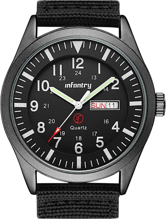 HOTInfantry Mens Military Field Watch, 12/24H Day Date, 5ATM Waterproof Nylon | Tactical Army Style, Analog Quartz, Day Date Window, Breathable Band for Outdoor Work Sport
