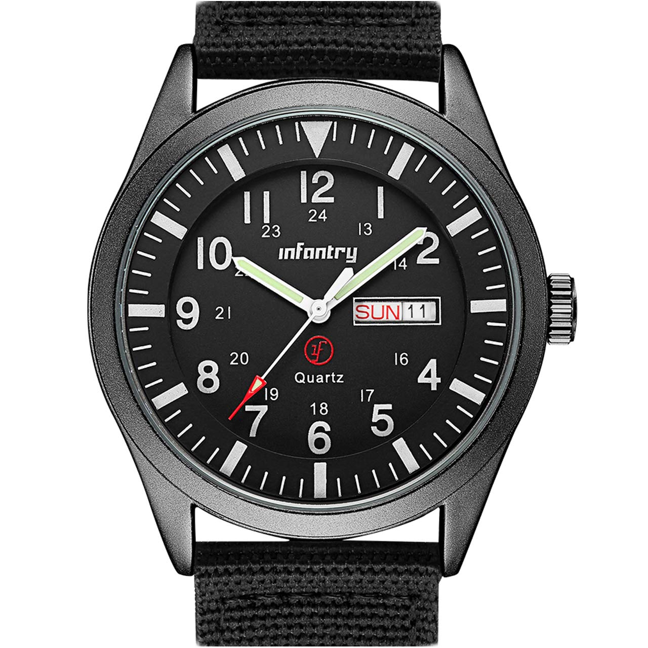 HOTInfantry Mens Military Field Watch, 12/24H Day Date, 5ATM Waterproof Nylon | Tactical Army Style, Analog Quartz, Day Date Window, Breathable Band for Outdoor Work Sport