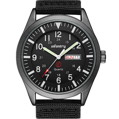 HOTInfantry Mens Military Field Watch, 12/24H Day Date, 5ATM Waterproof Nylon | Tactical Army Style, Analog Quartz, Day Date Window, Breathable Band for Outdoor Work Sport