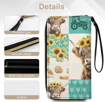 HOTRural Style Highland Cow Sunflower Collage Pattern Clutch Purse Leather Large Capacity Wristlet Leather Wallet