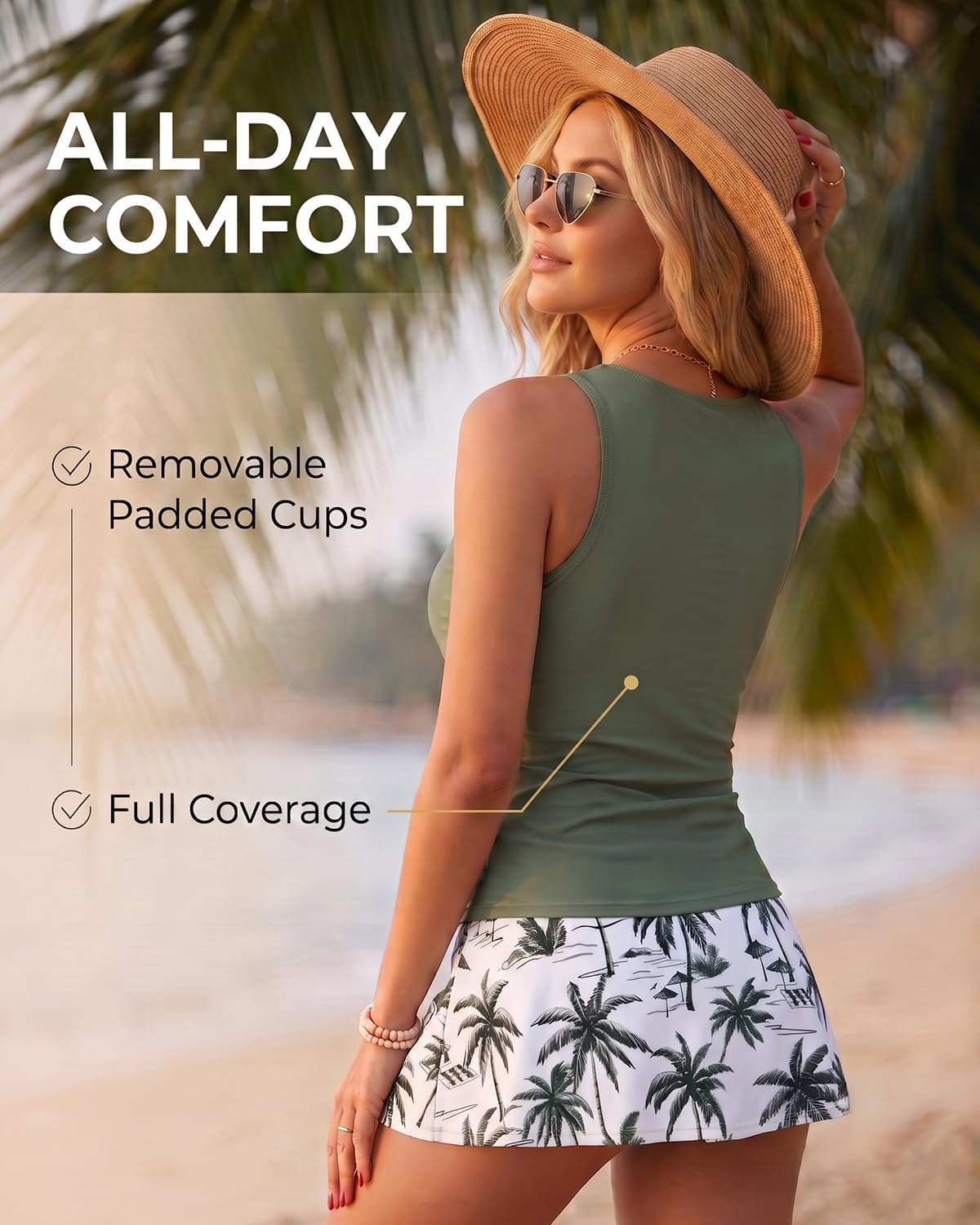 HOTDaci Womens Tankini Swimsuits with Skirt Tummy Control Swimwear | High Neck, Ruched Detail, Full Coverage, Removable Pads, High Waisted Skirt, Soft Built-in Brief, Beach and Resort
