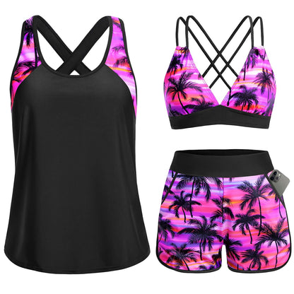 HOTWomen's 3 Piece Tankini Swimsuit Tummy Control with Bra Pocket Boy Shorts | Modest Bathing Suit, Athletic Style, Strappy-Back Support, High-Waist Fit, Built-In Brief, Side Pockets, Beach Swim Days