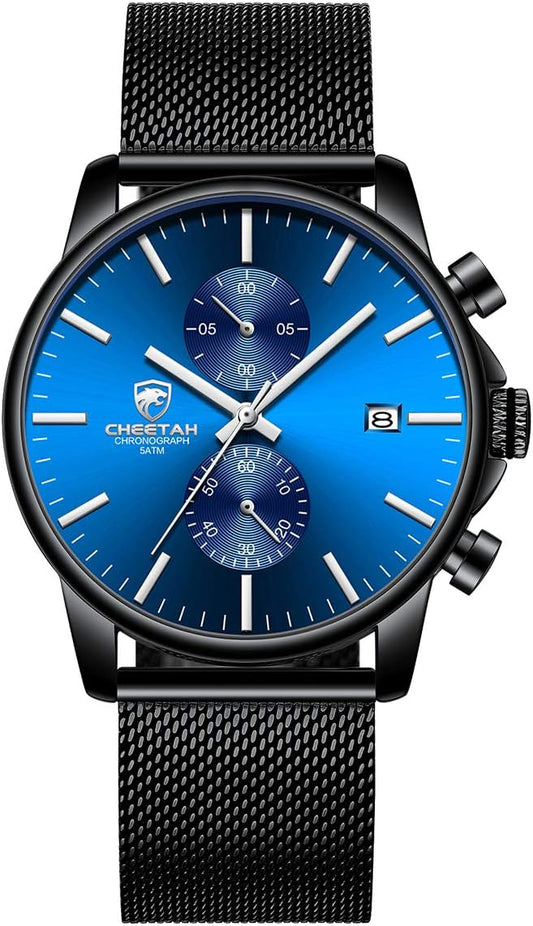 HOTGOLDEN HOUR Mens Watch Fashion Sleek Minimalist Quartz Analog Mesh Stainless Steel Waterproof Chronograph Watches for Men with Auto Date