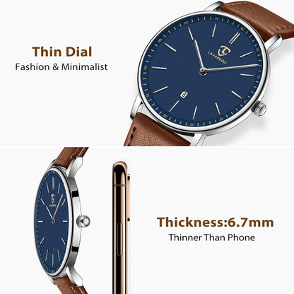 HOTBEN NEVIS Watch, Mens Watch, Minimalist Fashion Simple Wrist Watch Analog Date with Leather Strap