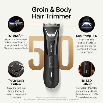 HOTMANSCAPED® The Lawn Mower® 5.0 Ultra Groin & Body Hair Trimmer – Dual-Head SkinSafe® Trimmer & Foil Blades, Waterproof Wet/Dry Groomer, USB-C Rechargeable with Travel Case, Men’s Ball Shaver, Black