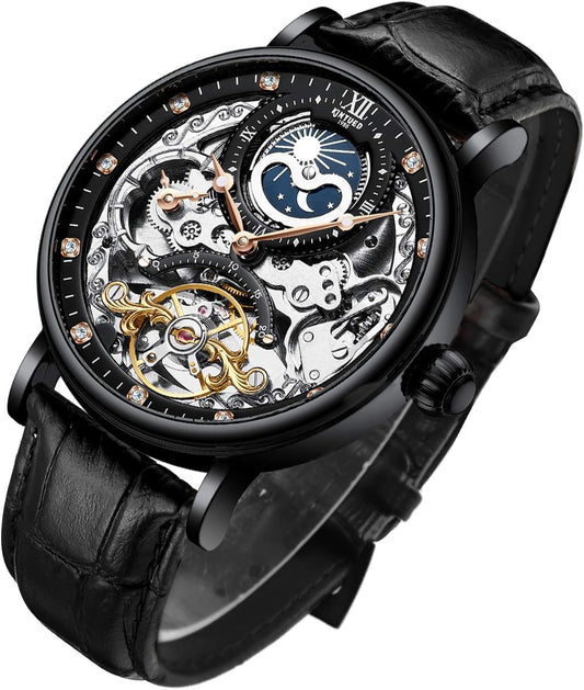 HOTIK COLOURING Bestn Mens Luxury Skeleton Automatic Mechanical Wrist Watches Leather Moon Phrase Luminous Hands Self-Wind Watch