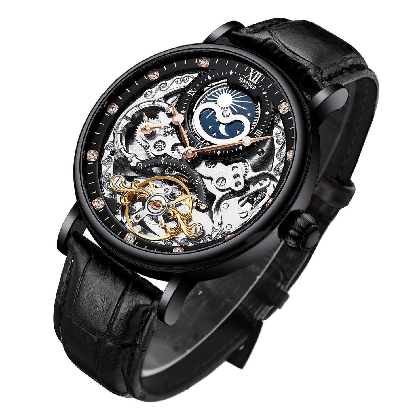 HOTIK COLOURING Bestn Mens Luxury Skeleton Automatic Mechanical Wrist Watches Leather Moon Phrase Luminous Hands Self-Wind Watch
