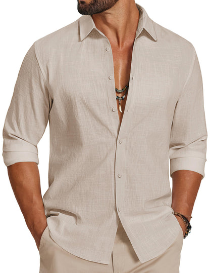 HOTCOOFANDY Men's Casual Button Down Shirts Long Sleeve Cotton Beach Wedding Shirt Summer Linen Shirt for Men