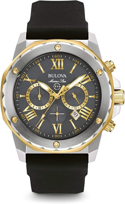 HOTBulova Men's Marine Star Series A Two-Tone Gold Ion-Plated Stainless Steel 6-Hand Chronograph Quartz Watch, Black Silicone Strap, 44mm Style: 98B277