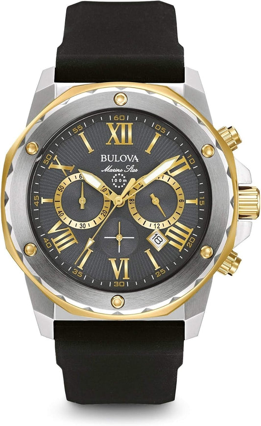HOTBulova Men's Marine Star Series A Two-Tone Gold Ion-Plated Stainless Steel 6-Hand Chronograph Quartz Watch, Black Silicone Strap, 44mm Style: 98B277