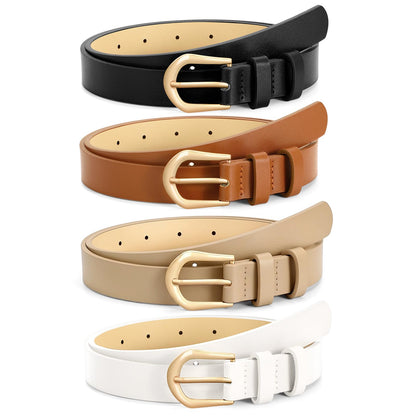 HOTVONMELLI 4 Pack Womens Thin Leather Belt Skinny Waist Belts for Women Fashion Jeans Dress with Gold Buckle