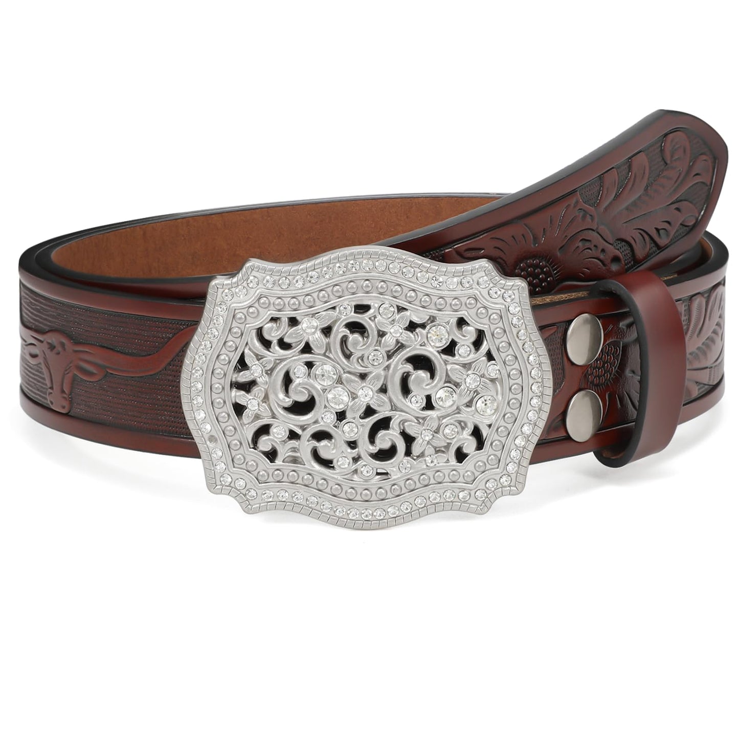 HOTXZQTIVE Women Men Western Belt Vintage Country Belts For Cowgirl Cowboys Genuine Leather Belt with Silver Diamond Buckle