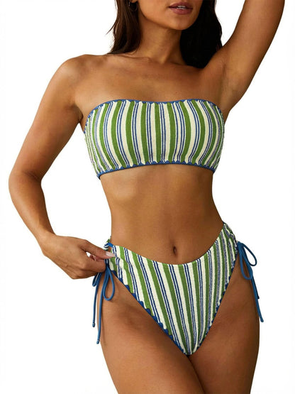 HOTZAFUL Women Strapless Bandeau Bikini 2 Piece Swimwear Lace up Bathing Suits | Strapless Textured Bikini Set Cheeky Solid Bandeau Bathing Suits