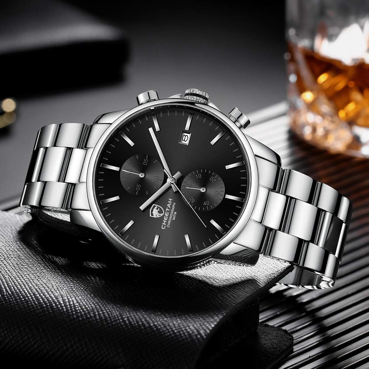 HOTGOLDEN HOUR Fashion Business Mens Watches with Stainless Steel Waterproof Chronograph Quartz Watch for Men, Auto Date