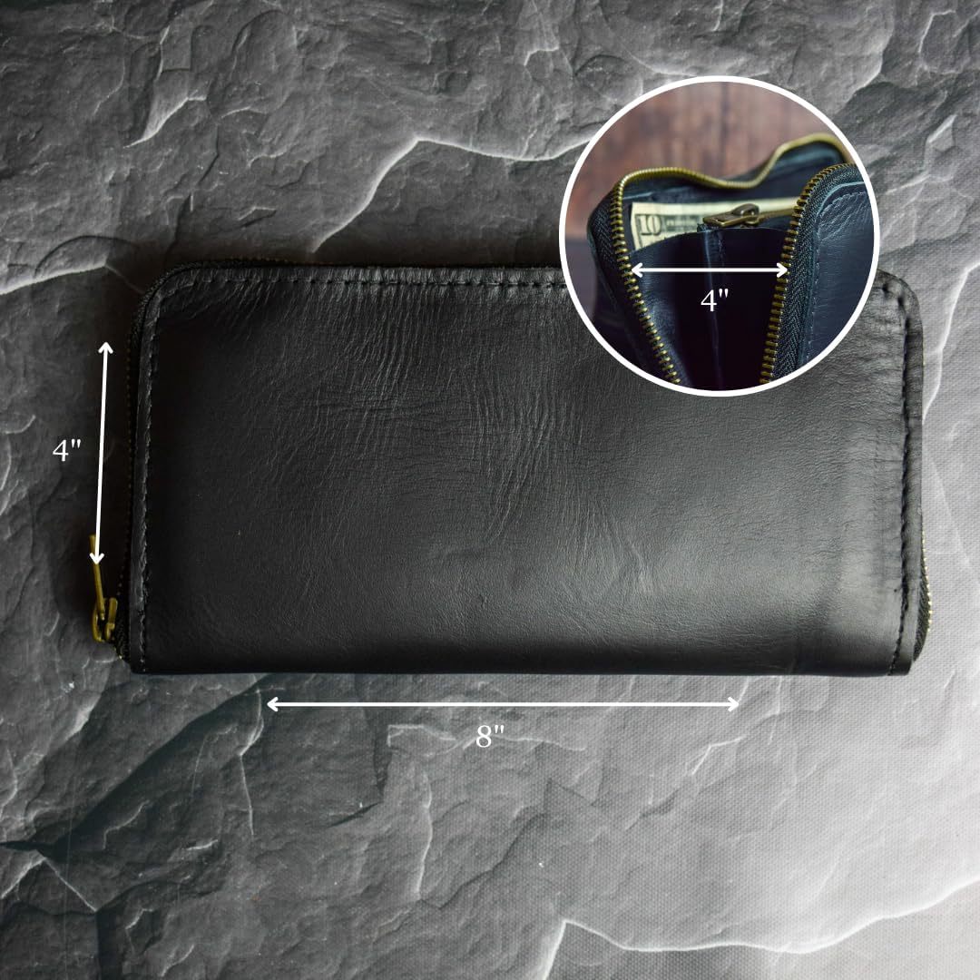 HOTWomen's Black Leather Clutch Wallet, Full Grain Leather, Handmade
