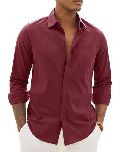 HOTAlimens & Gentle Mens Cotton Linen Textured Shirt Long Sleeve Button Down Shirts Casual Summer Beach Wedding Tops with Pocket