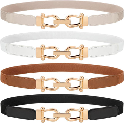 HOTWERFORU 4 Pack Women Skinny Elastic Waist Belt Gold Buckle Stretchy Thin Belt for Jeans Dress