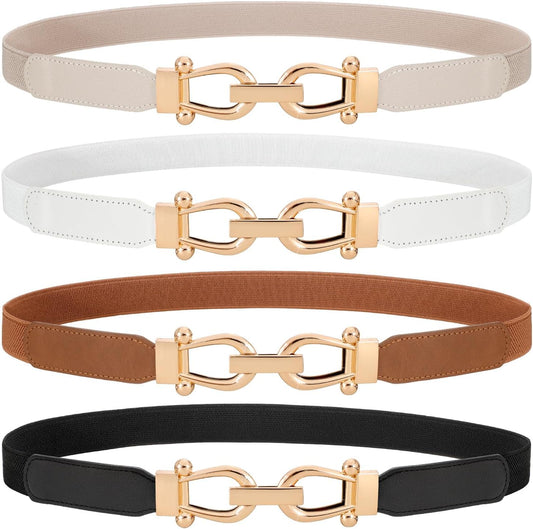 HOTWERFORU 4 Pack Women Skinny Elastic Waist Belt Gold Buckle Stretchy Thin Belt for Jeans Dress