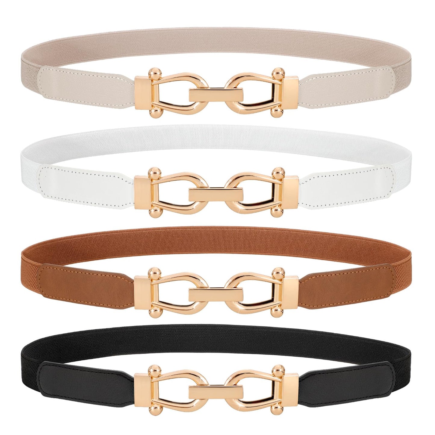 HOTWERFORU 4 Pack Women Skinny Elastic Waist Belt Gold Buckle Stretchy Thin Belt for Jeans Dress