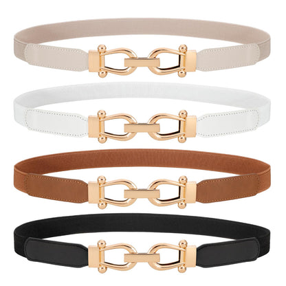 HOTWERFORU 4 Pack Women Skinny Elastic Waist Belt Gold Buckle Stretchy Thin Belt for Jeans Dress